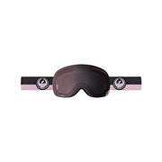 Snow goggles with dark maroon frame, tinted lens, and matching wide strap
