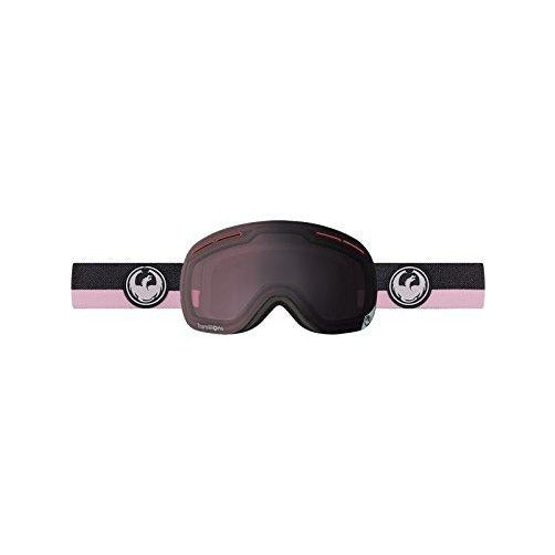 Snow goggles with dark maroon frame, tinted lens, and matching wide strap