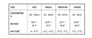 Helmet size chart with Ace, Small, Medium, Large measurements in cm and inches