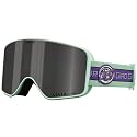 Snow goggles with dark mirrored lens and mint frame, plus purple strap with Giro logo