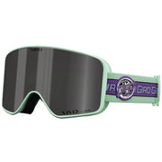 Snow goggles with dark mirrored lens, mint frame, and purple/green strap with Giro logo