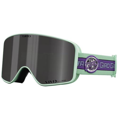 Snow goggles with dark mirrored lens, mint frame, and purple/green strap with Giro logo