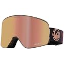 Rose-tinted snow goggles with black frame and red side logo, front view.