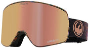 Gold-to-pink mirrored snow goggles with black frame and patterned strap.