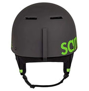 Matte black snow helmet with green logo, vent tabs, and chin strap