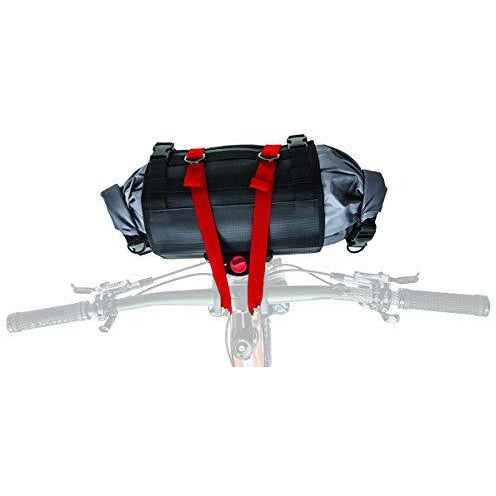 Black handlebar roll dry bag, red front straps and side mounting clips