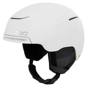 Giro Terra snow helmet in white with black ear pads and chin strap, side profile view