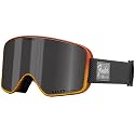 Snow goggles with dark lens, orange-brown frame, and black adjustable strap