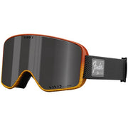 Snow goggles with dark gray lens, orange frame, and black strap with Fender patch