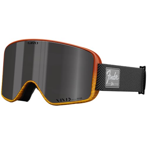 Snow goggles with dark gray lens, orange frame, and black strap with Fender patch