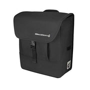 Black rear pannier bag with hinged top flap, strap handle, and side branding