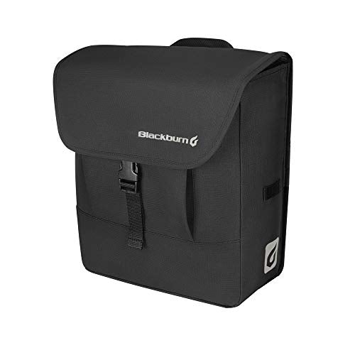 Black rear pannier bag with hinged top flap, strap handle, and side branding