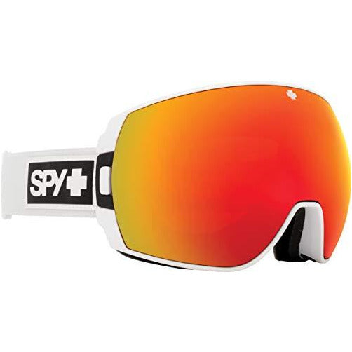 Spy snow goggles with orange-red mirrored lens and white frame, side SPY logo
