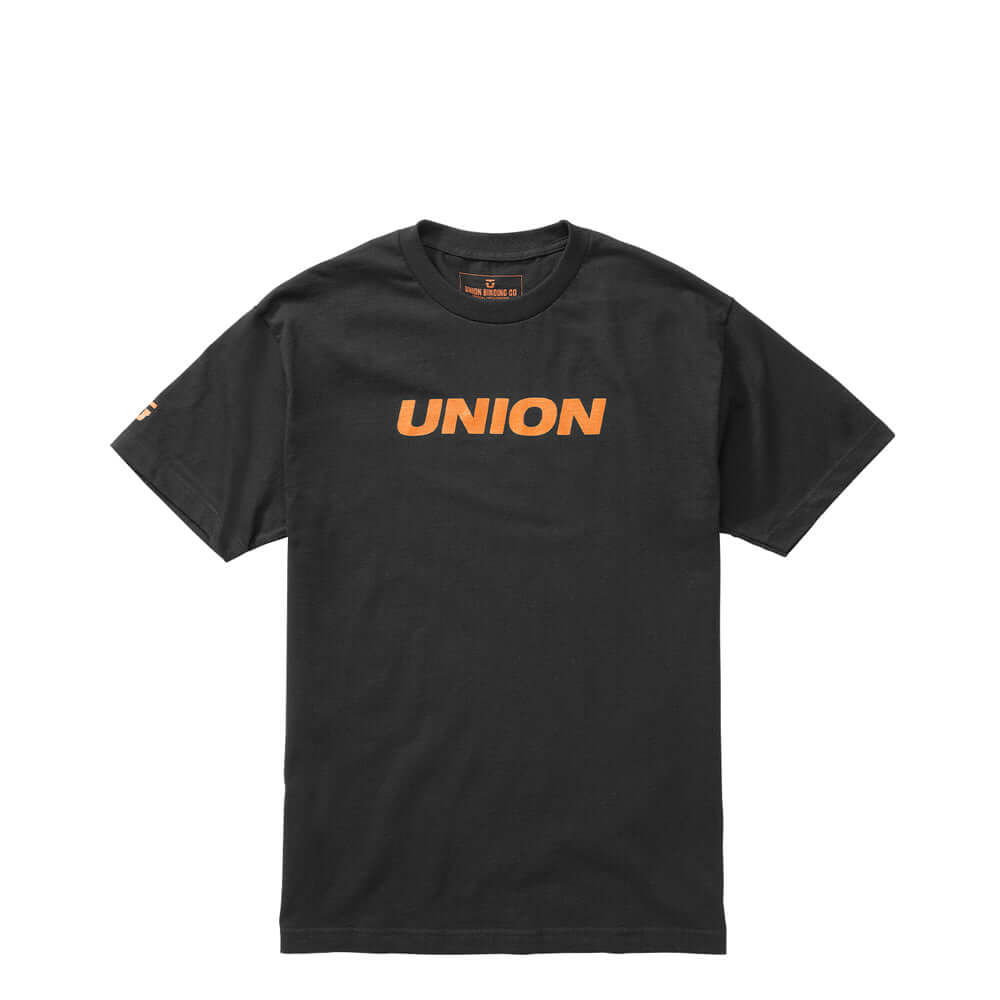 Black crewneck graphic T-shirt with UNION logo on chest