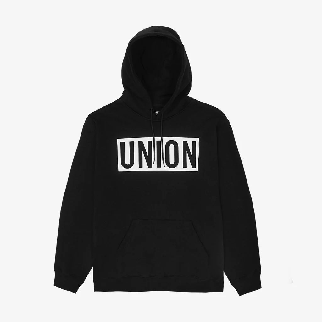 Black hoodie with front UNION logo, hood drawstrings, and kangaroo pocket