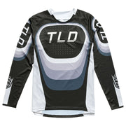 Black long-sleeve motocross jersey with TLD front graphic, crew neck, and white trims