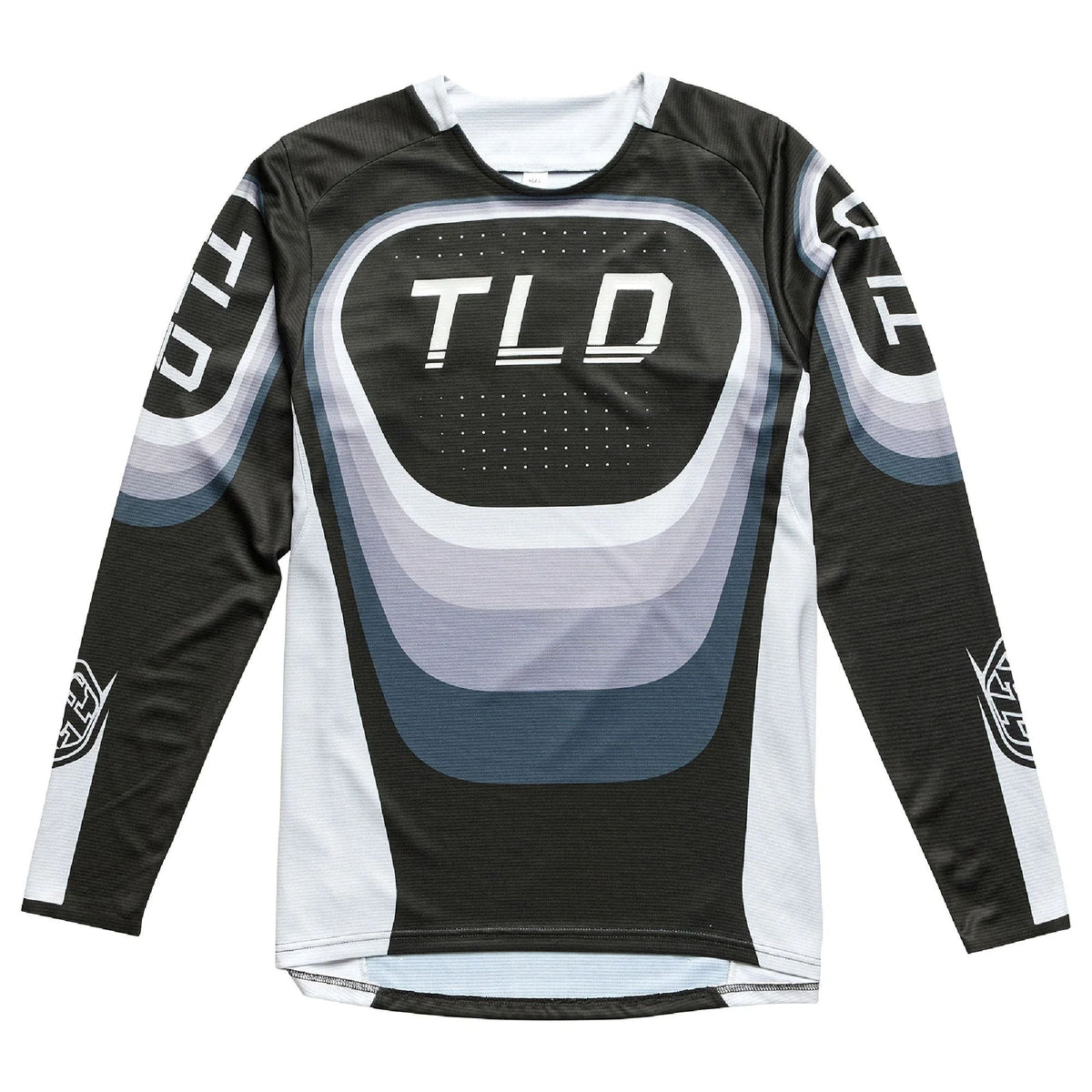 Black long-sleeve motocross jersey with TLD front graphic, crew neck, and white trims