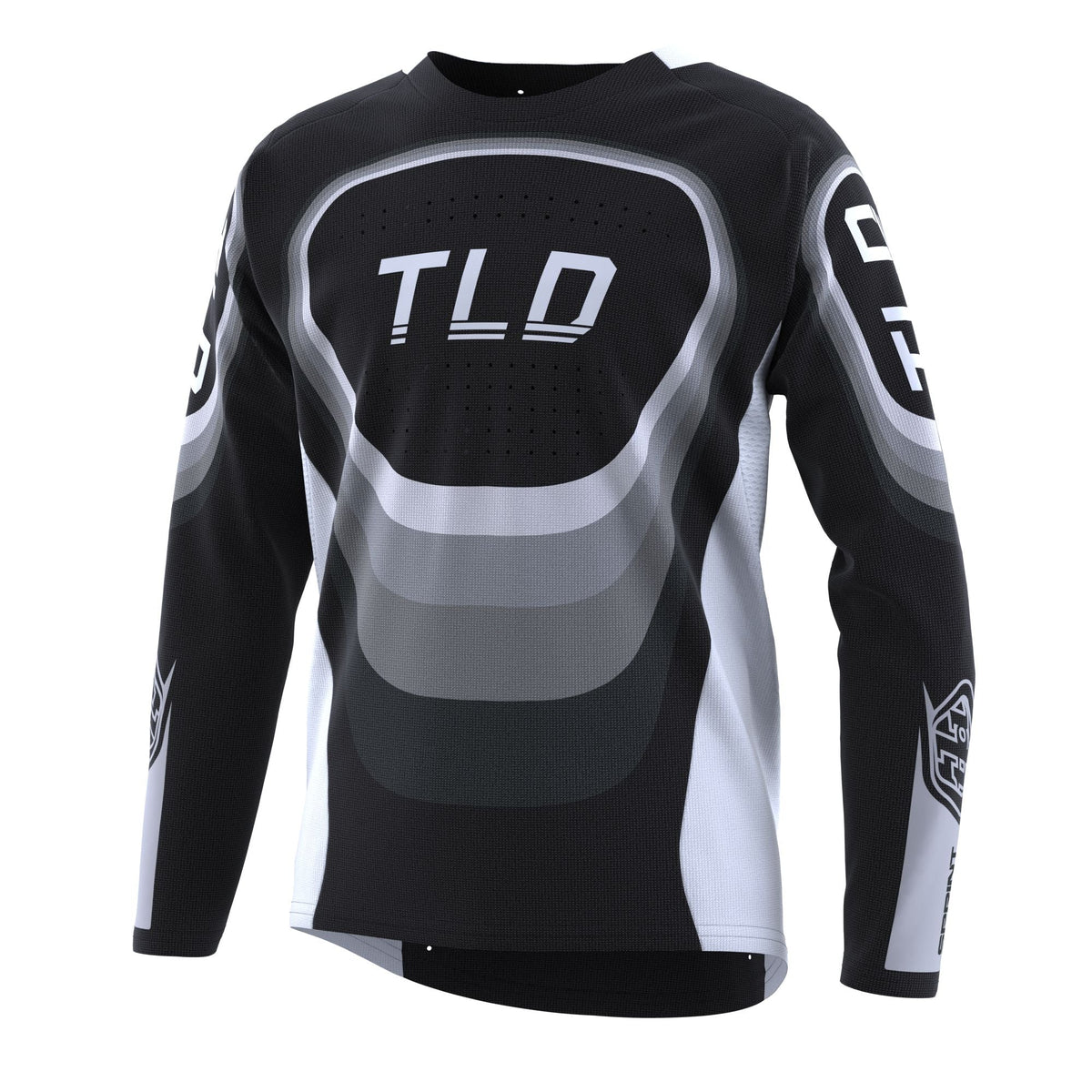 Youth sprint jersey in black with TLD logo and gray/white geometric panels, long sleeves