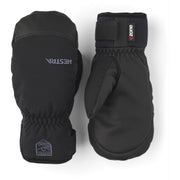 Black youth insulated mittens, padded palms, elastic cuff with Hestra logo patch