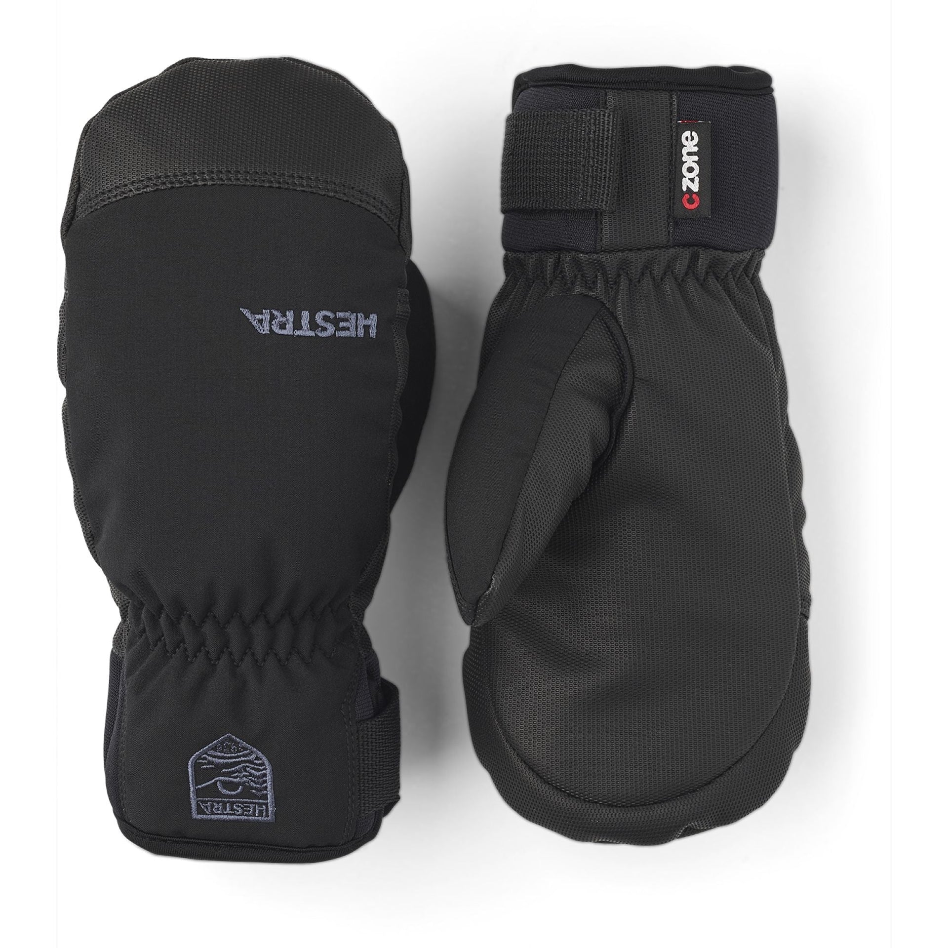 Black youth insulated mittens, padded palms, elastic cuff with Hestra logo patch