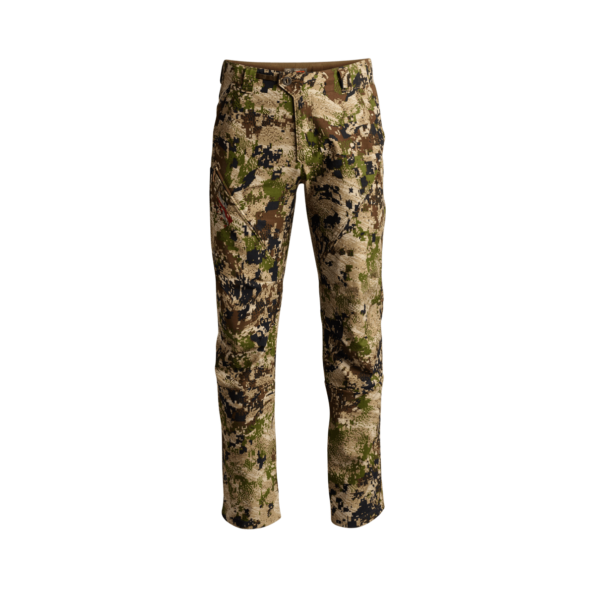 Men's camouflage hunting pants, full front view in mottled tan-green pixel pattern.