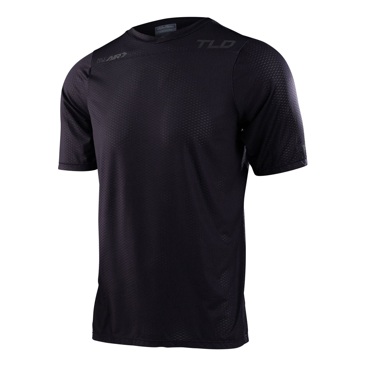 Men's black short-sleeve mesh cycling jersey, crew neck, subtle logo at chest