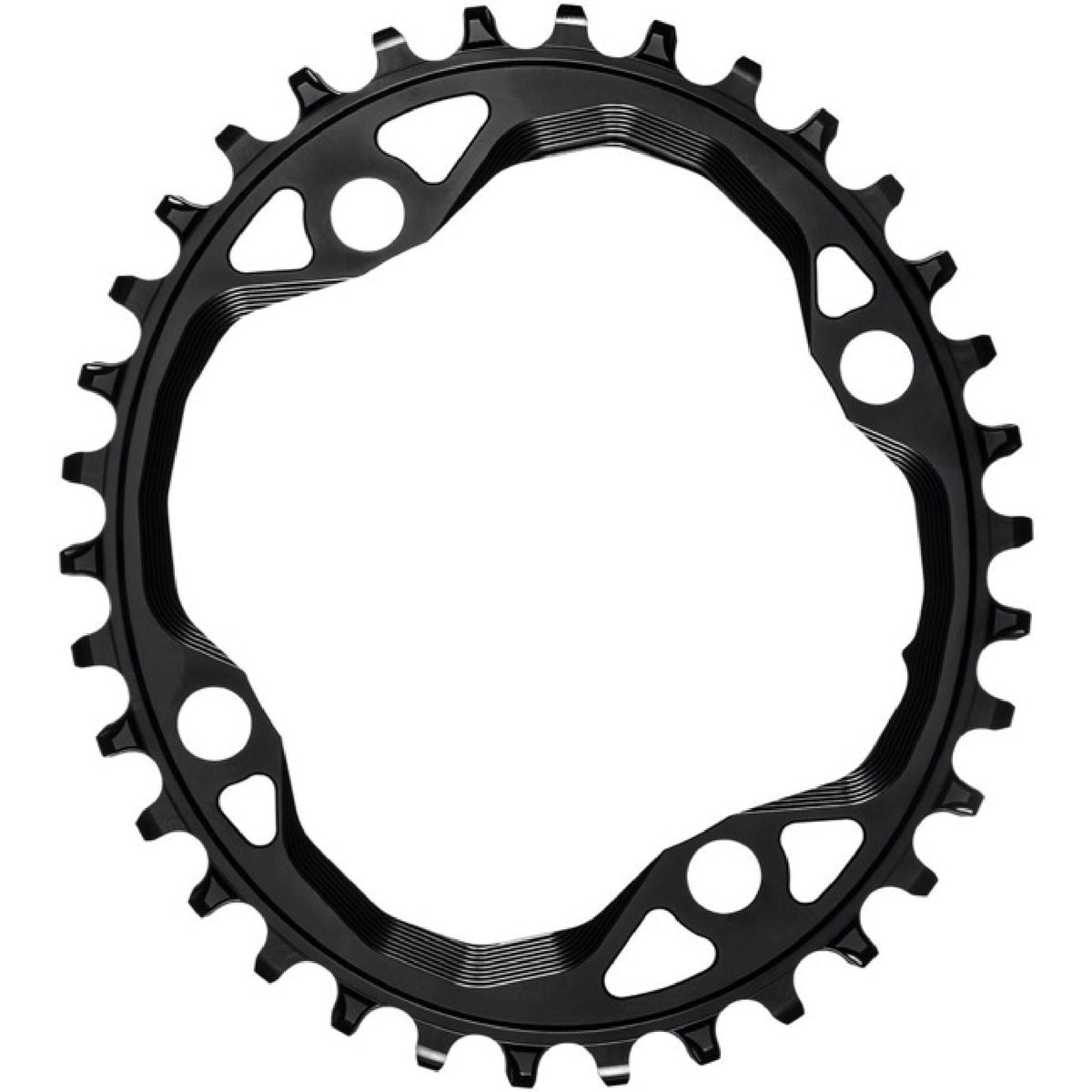 Oval 104 BCD chainring, black with multiple cutouts and inner ring pattern