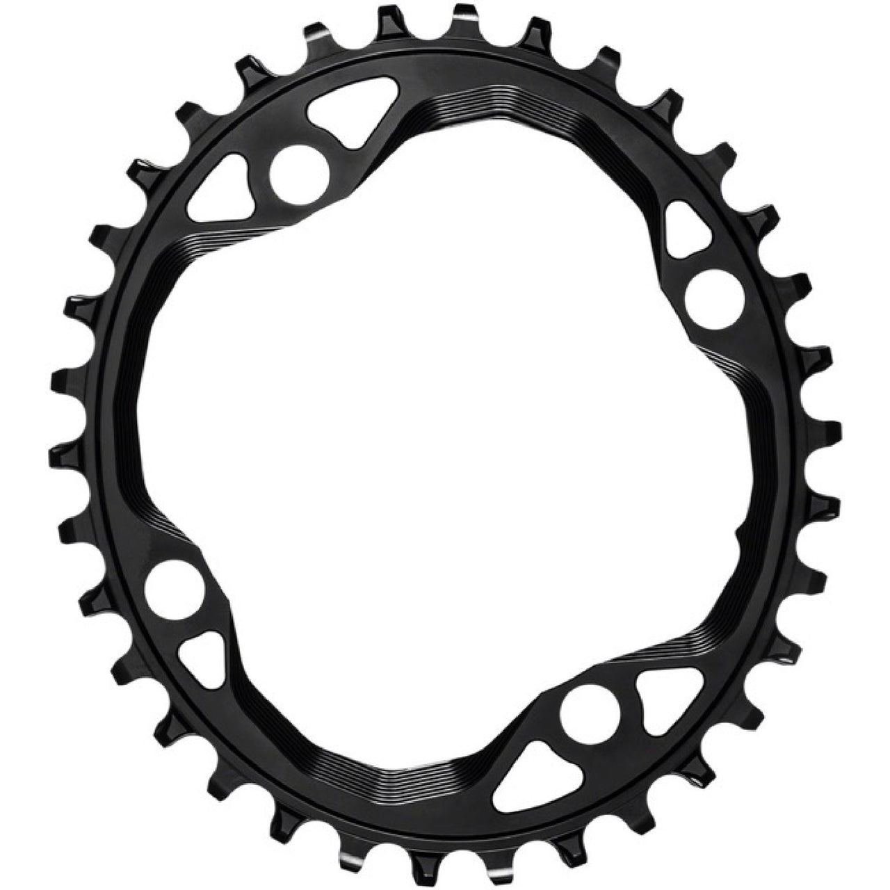 absoluteBLACK Oval 104 BCD chainring, black with slotted spider cutouts and gear teeth