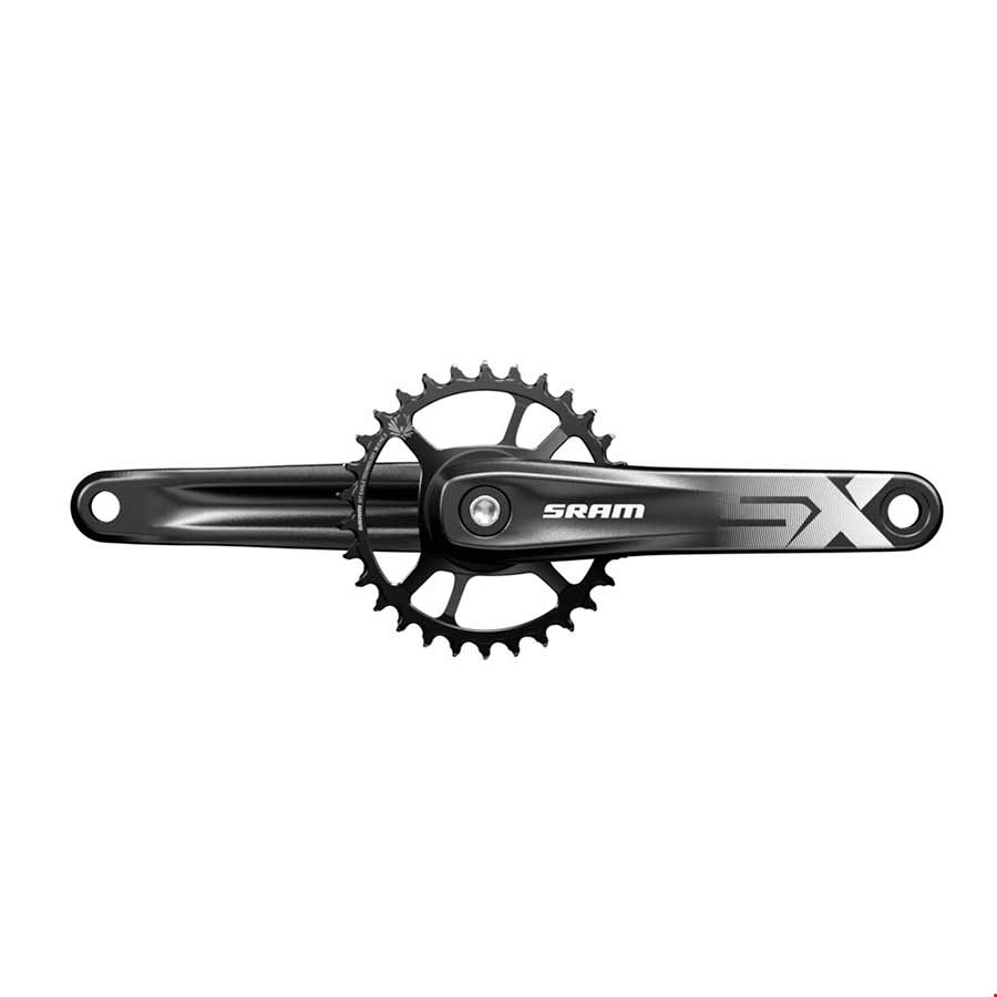 Black SRAM crankset with 32T chainring and sprocket, DUB direct mount spindle
