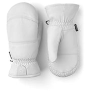 Hestra off-white leather box mitts with padded thumb and elastic cuff, side logo