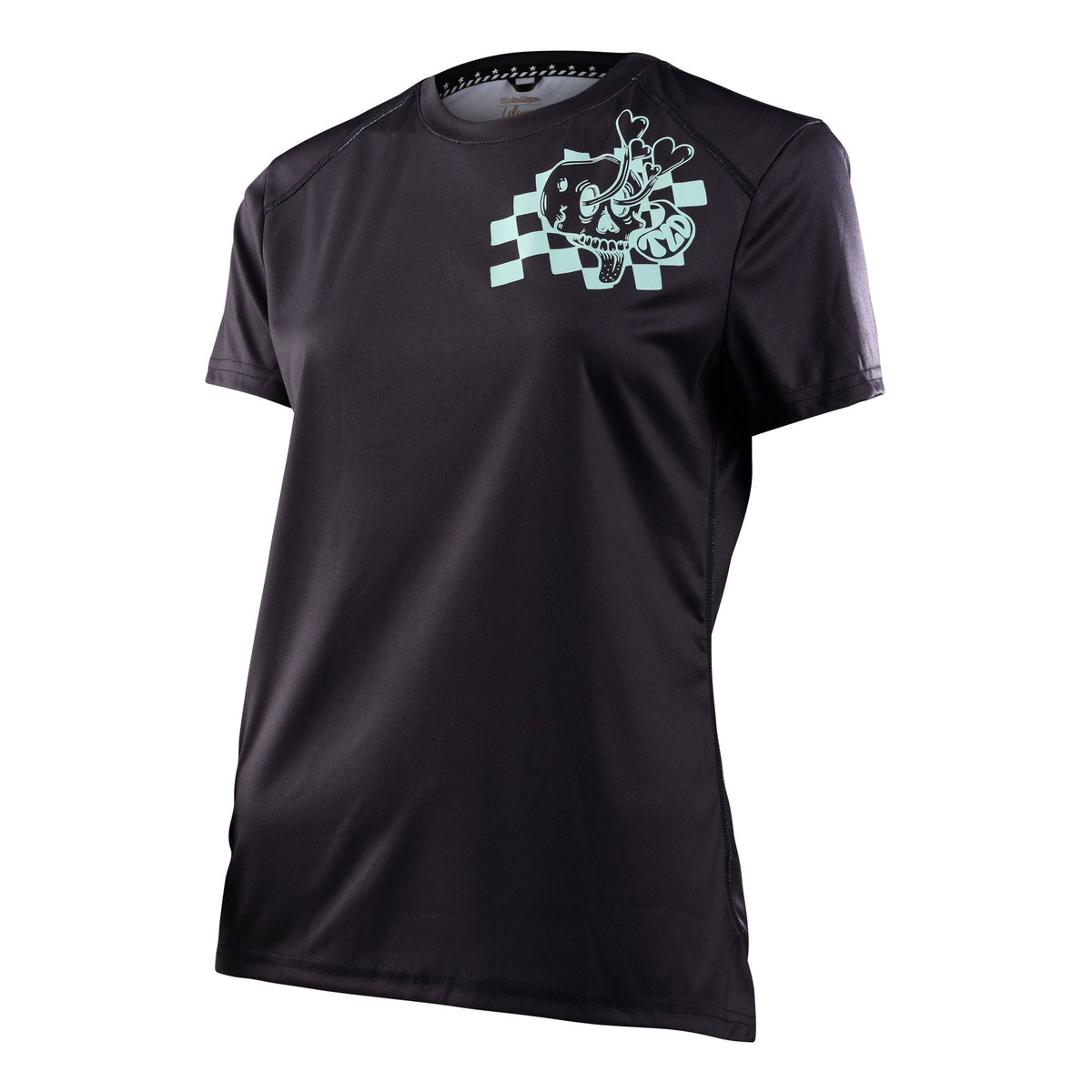 Women's black short-sleeve jersey with teal skull graphic at chest