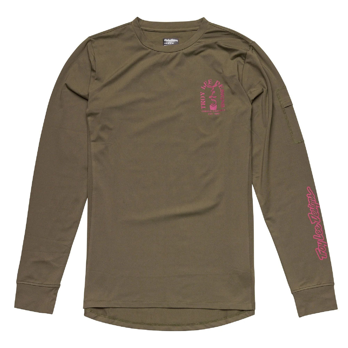 Troy Lee Designs long-sleeve ride shirt, olive with chest graphic and sleeve logo