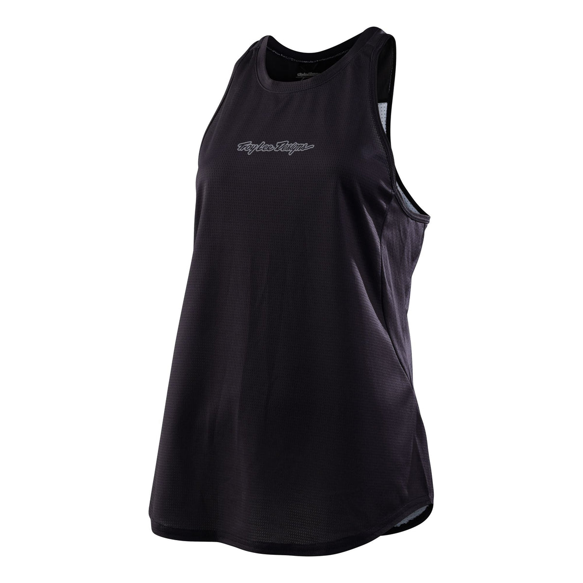 Women's luxe tank top, solid black with small chest logo