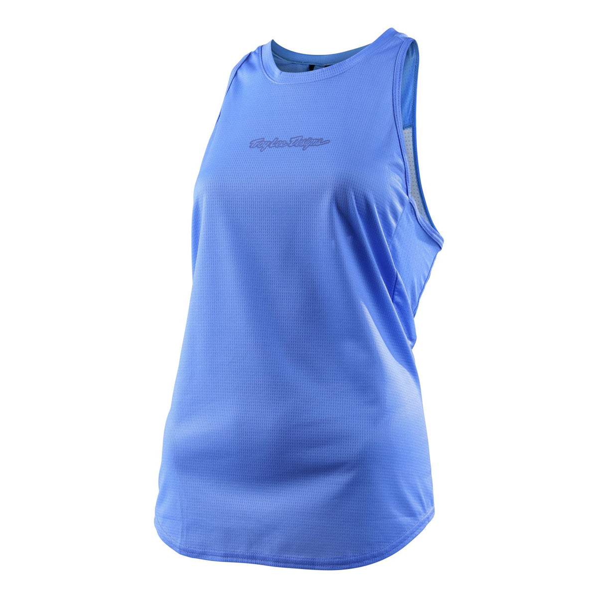Women's luxe tank top, solid blue with small chest logo