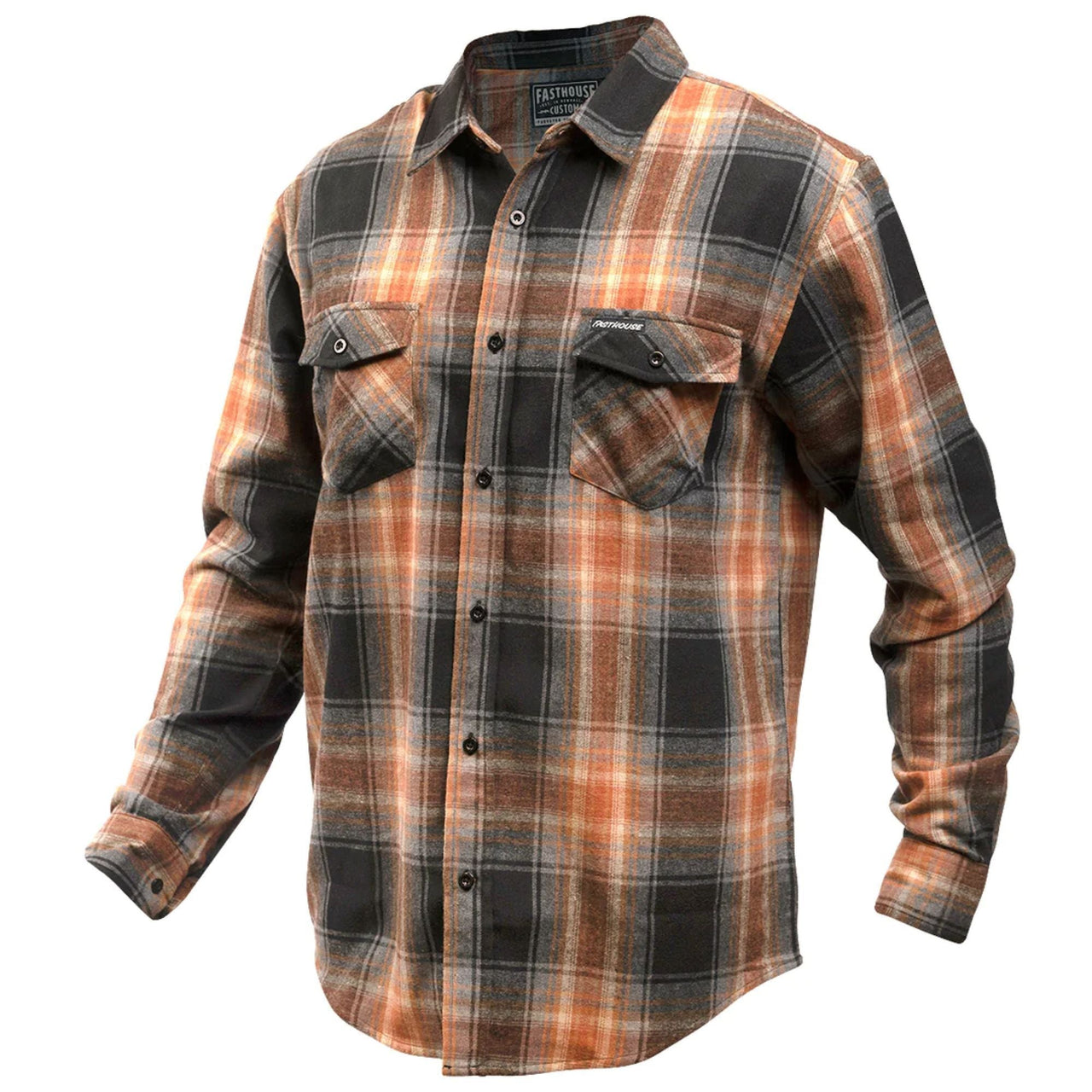 Men’s plaid flannel button-up shirt with two chest flap pockets, dark and orange tones