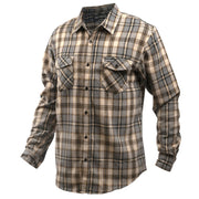 Men’s plaid flannel button-up shirt with two chest flap pockets, light beige and dark checks