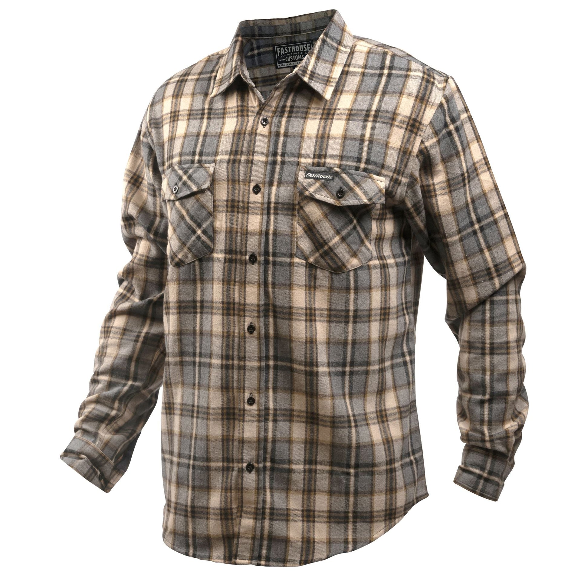 Men’s plaid flannel button-up shirt with two chest flap pockets, light beige and dark checks