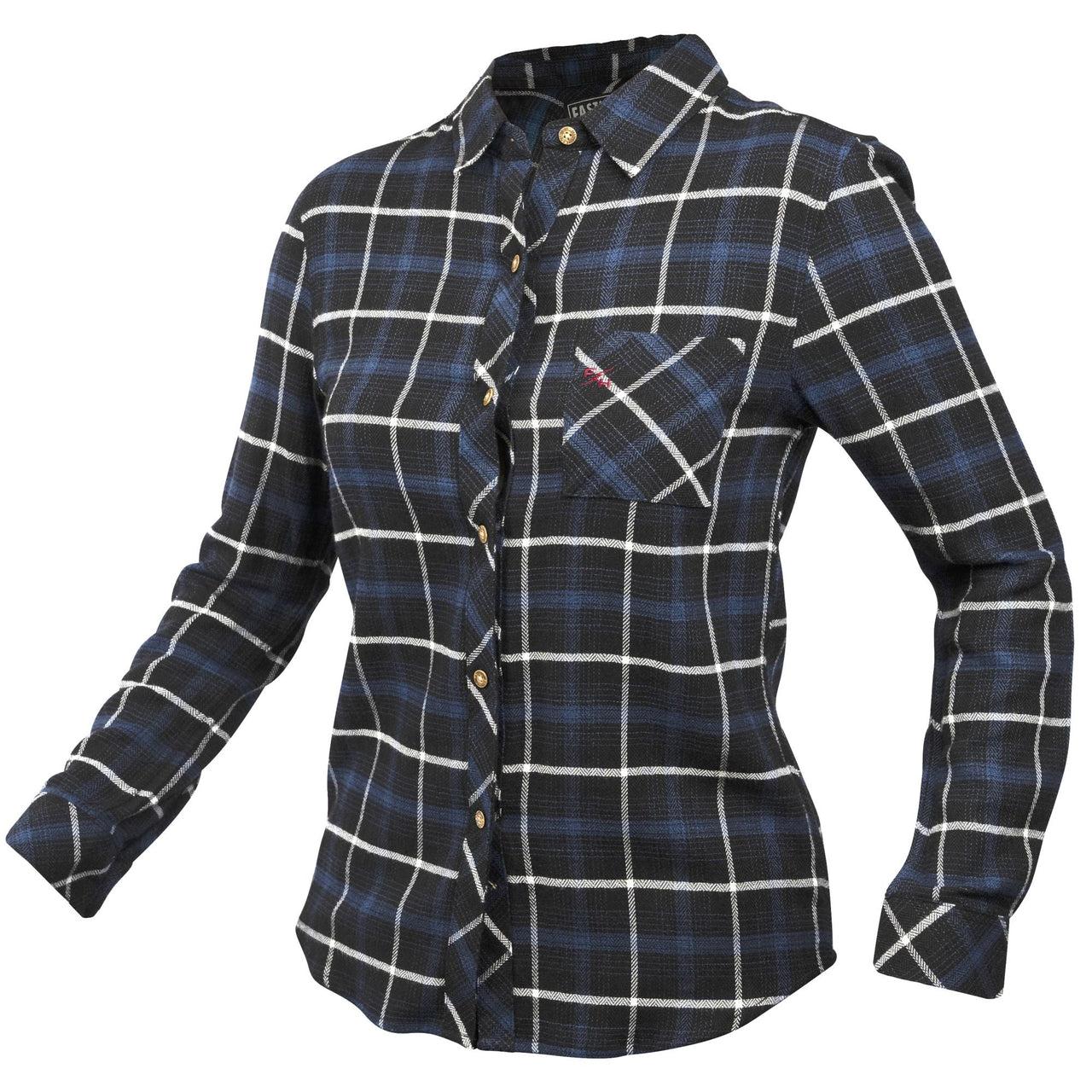 Women’s flannel shirt in blue-and-black plaid with button front and chest pocket
