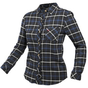 Women’s flannel shirt in blue-and-black plaid with button front and chest pocket