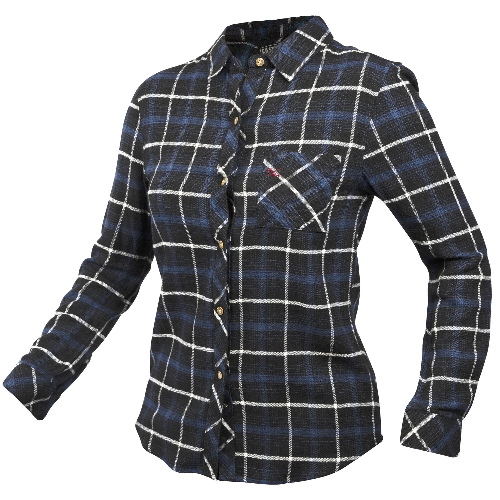 Women’s flannel shirt in blue-and-black plaid with button front and chest pocket
