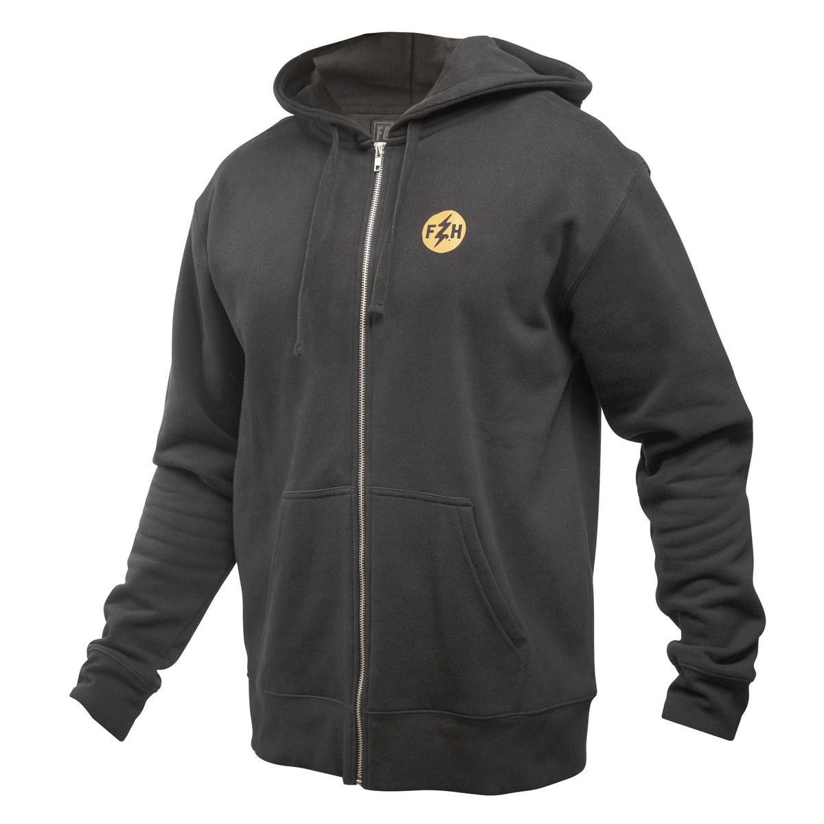 Black zip-up hooded sweatshirt with front zipper and chest FZ H logo