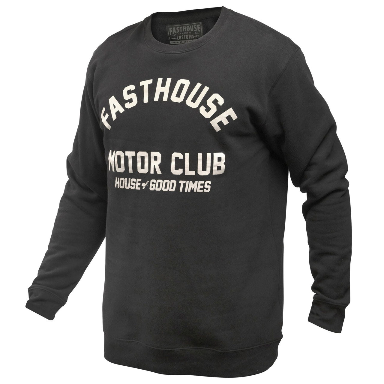 Black crew neck pullover sweatshirt with Fasthouse motor club front graphic
