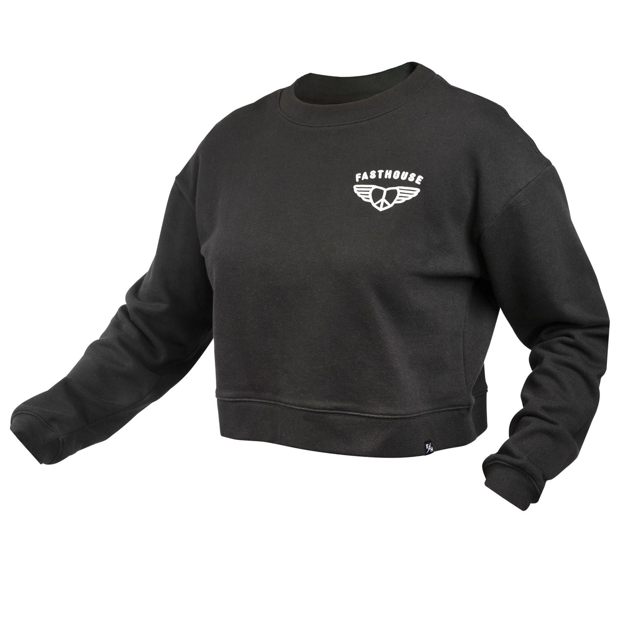 Women’s black washed fleece pullover with long sleeves and chest logo