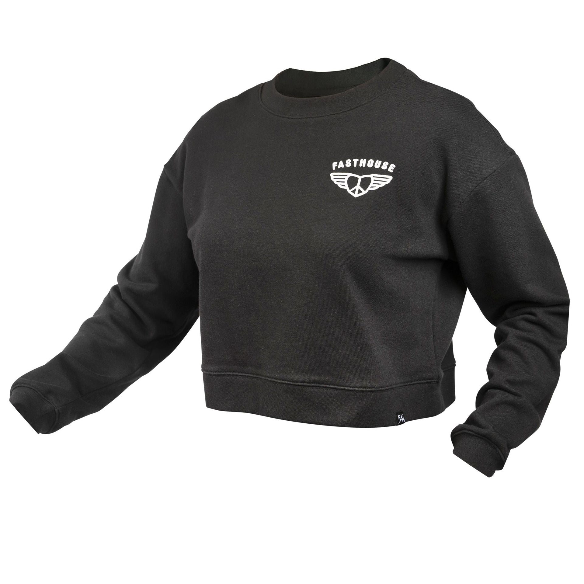 Women’s black washed fleece pullover with long sleeves and chest logo