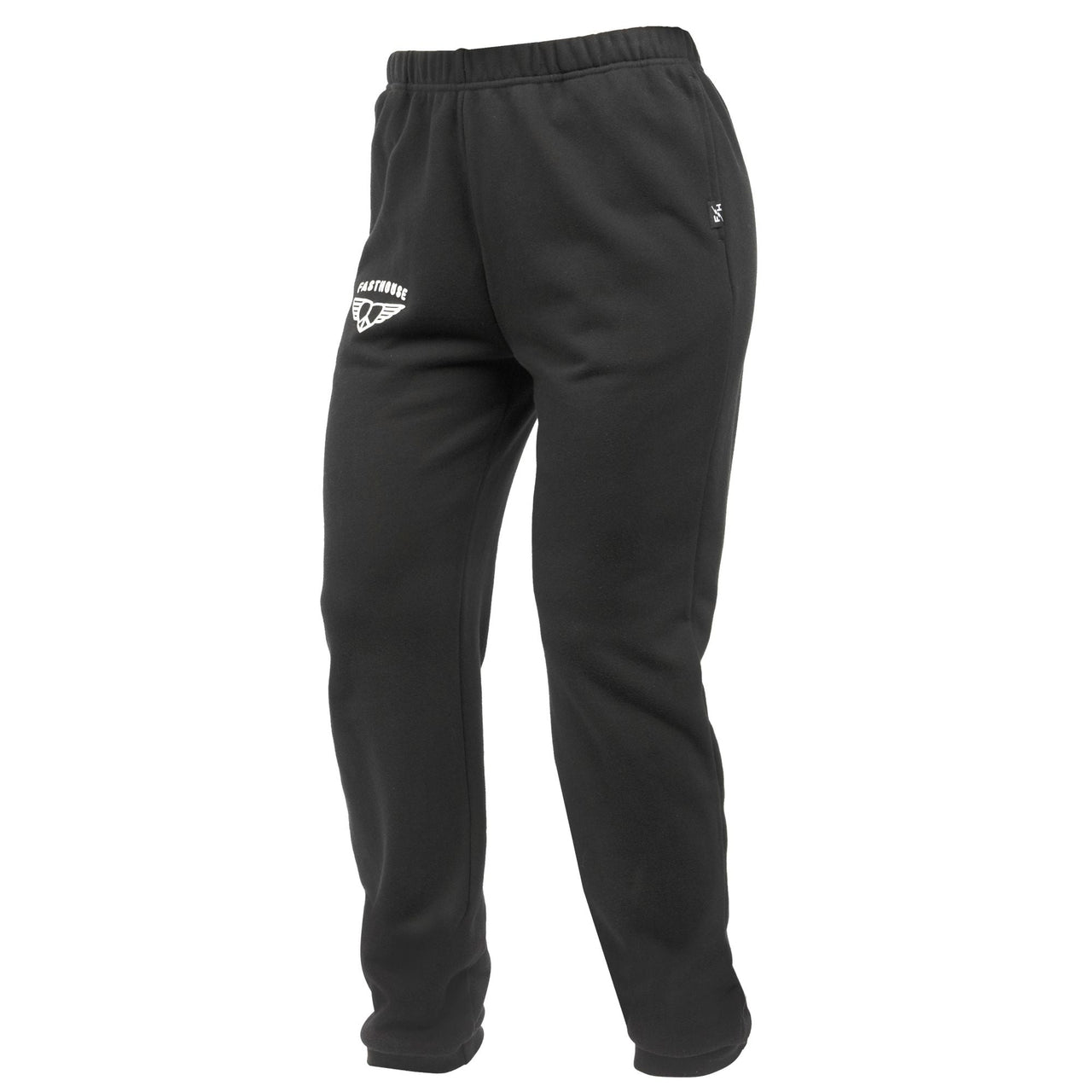 Washed black women's fleece pant with elastic waistband and tapered legs