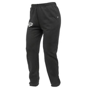 Washed black women's fleece pant with elastic waistband and tapered legs