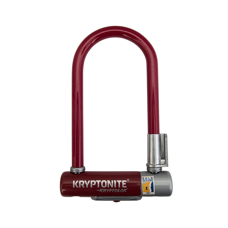 Maroon Kryptonite Krypto Series 2 mini U-lock with silver keyed lock body and bracket