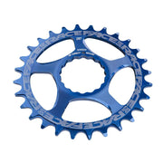 Blue narrow-wide direct mount chainring, 28T, with five cutout ramps.