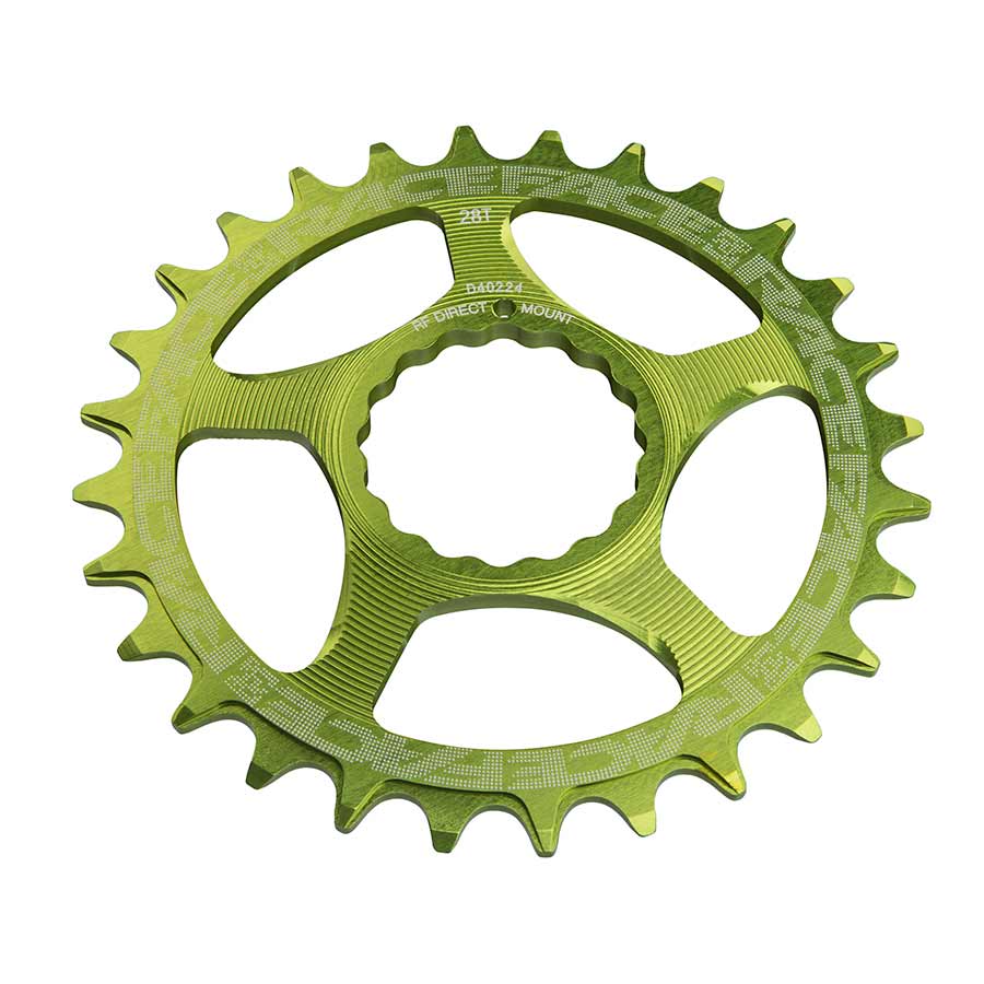 Green narrow-wide direct mount chainring, 28T, with five cutout ramps.