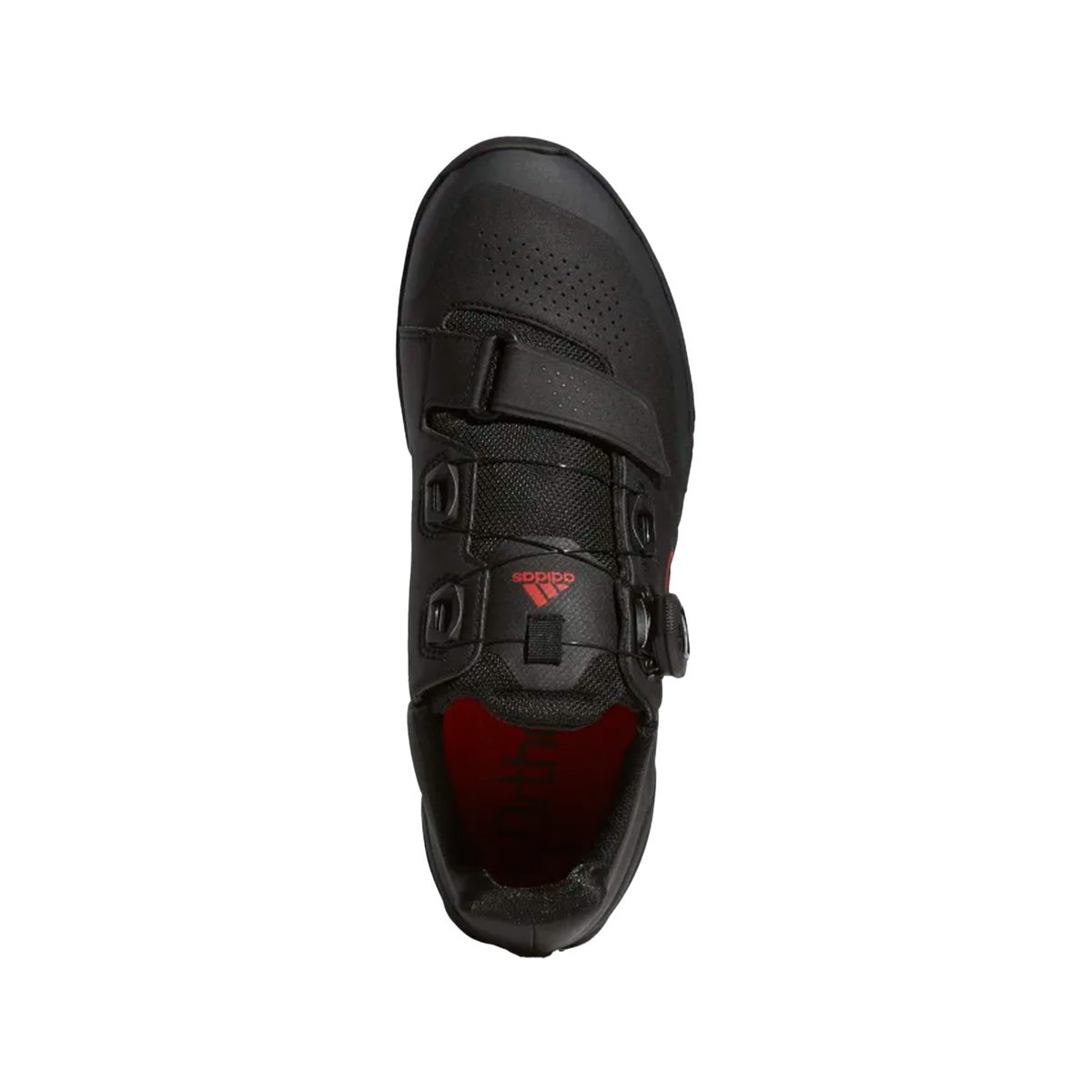 Mountain bike shoes black upper with hook-and-loop straps and red logo